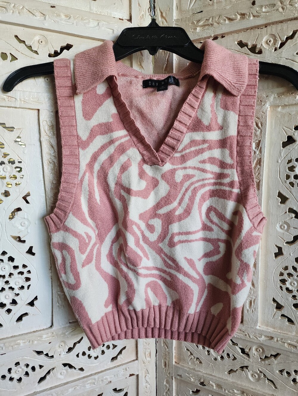 Say What? Cropped Sweater Vest- Pink & Cream- Womens Size Medium